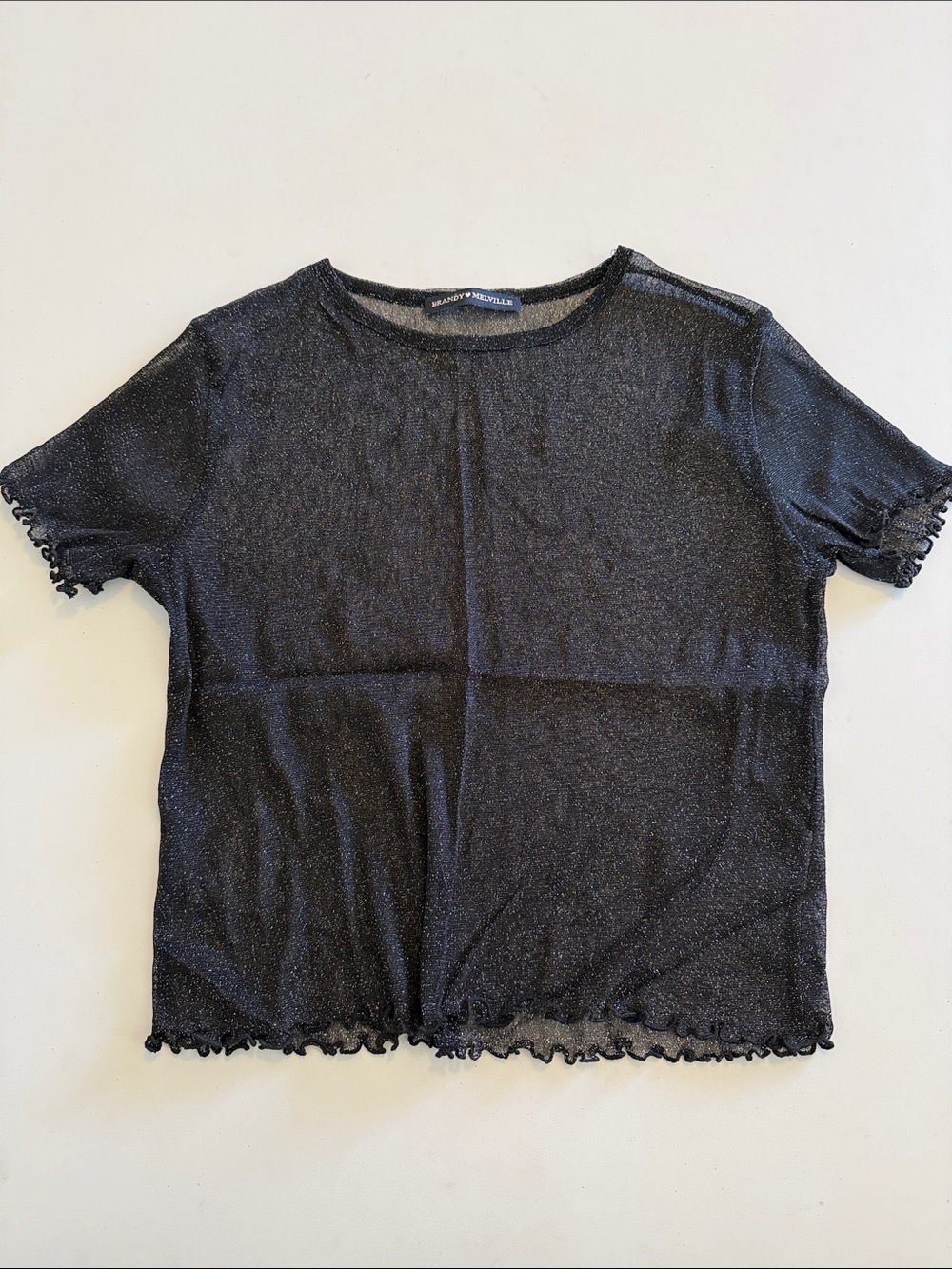 Brandy Melville Metallic Black Scalloped Short Sleeve Super stretchy Tee